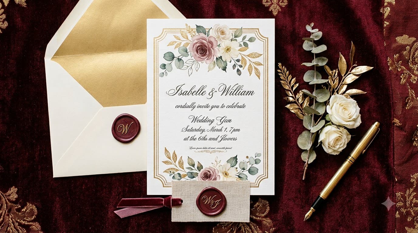 Wedding invitation wording — elegant traditional Indian wedding card with gold and maroon detailing