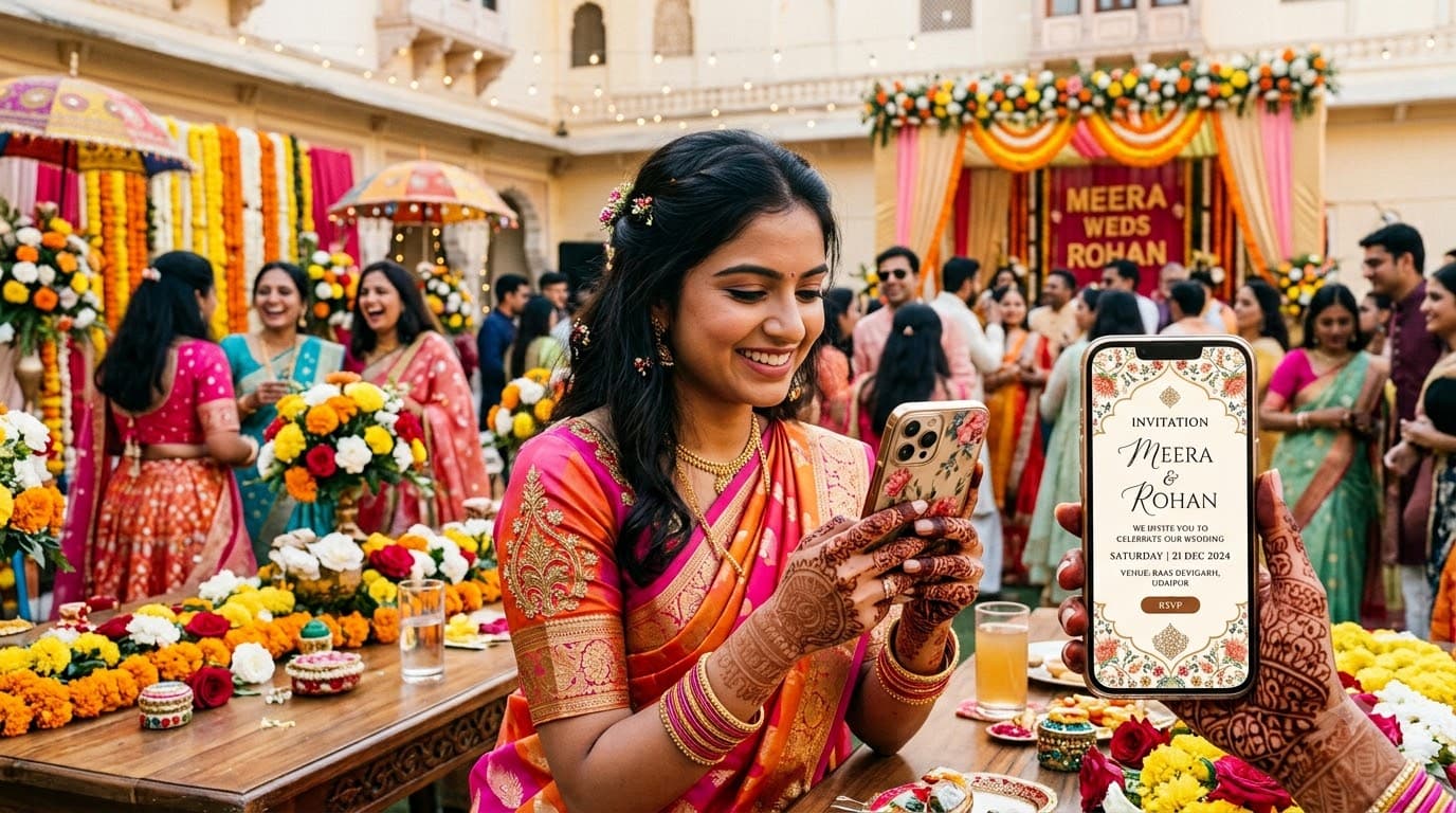 digital wedding invitations shown on a phone at an Indian wedding