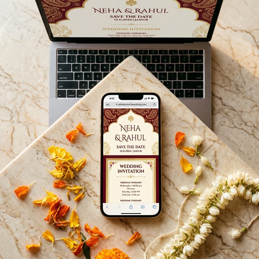 wedding invitation link displayed on smartphone and laptop