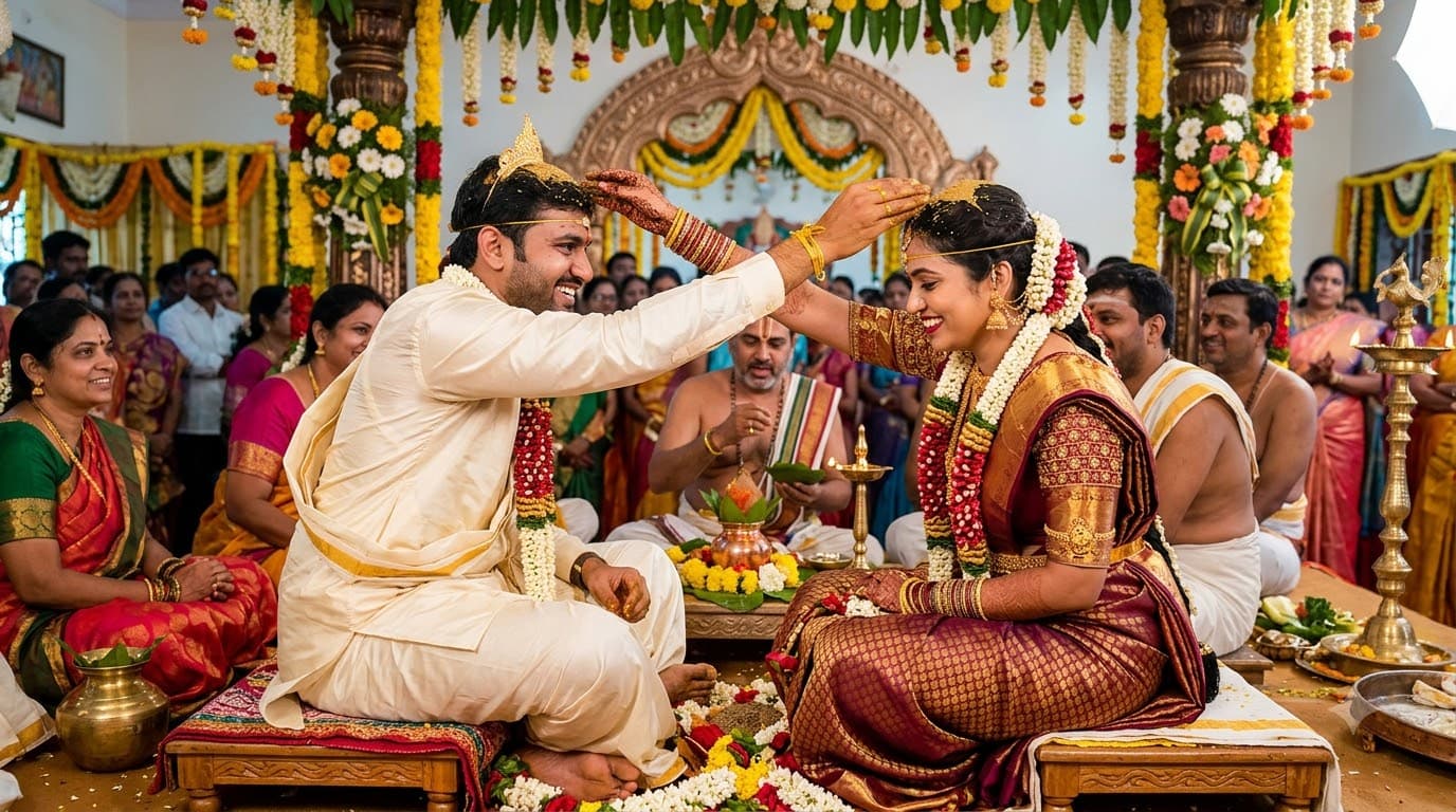 Telugu wedding rituals — bride and groom during Jeelakarra Bellam at the muhurtham