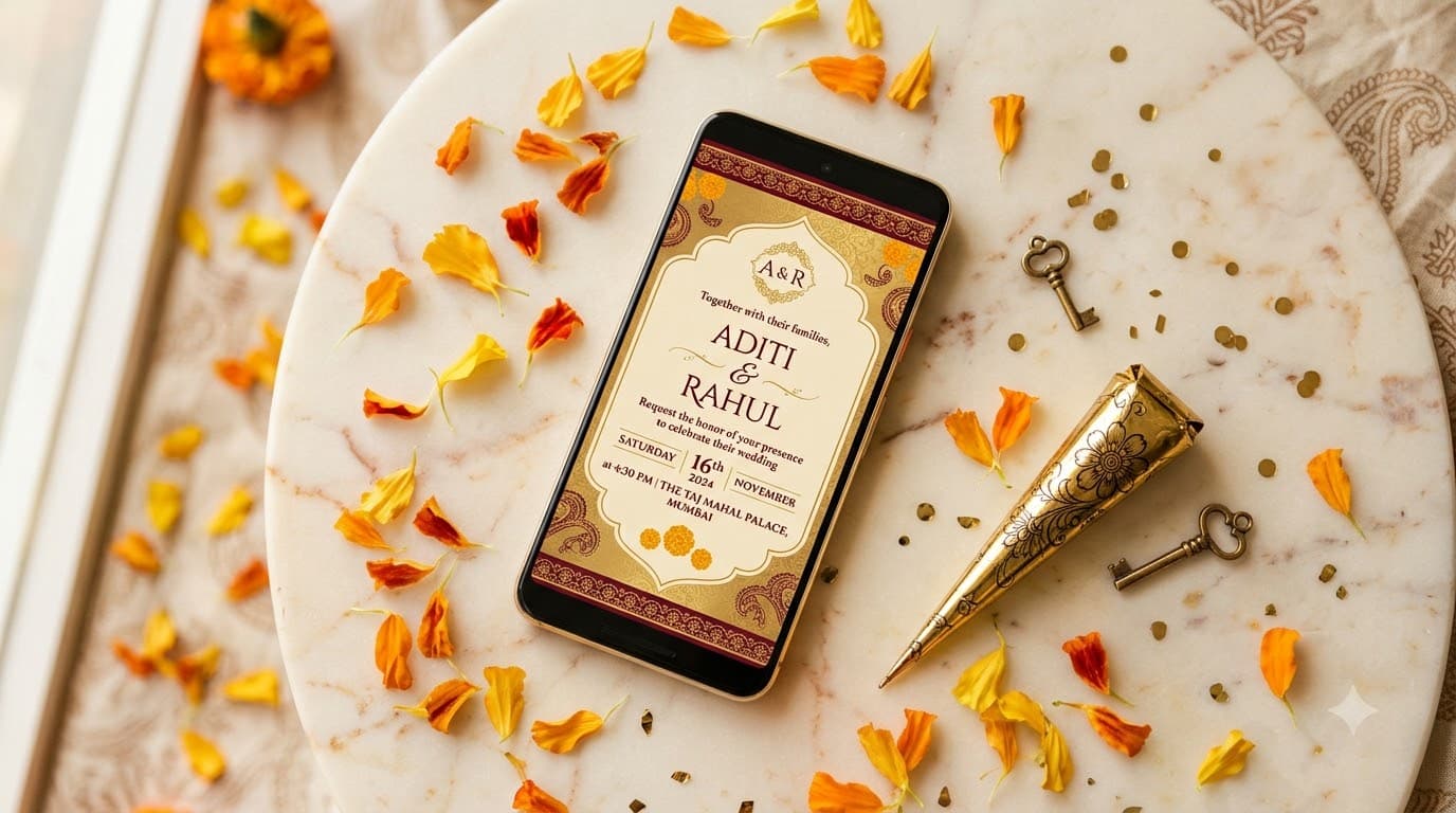 digital wedding invitation website displayed on smartphone with marigold and mehndi decor