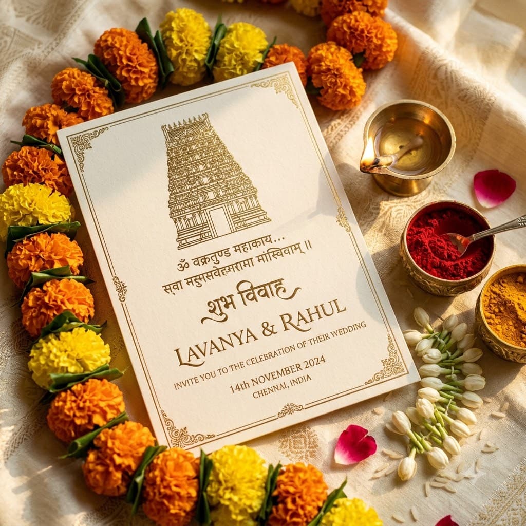 temple wedding invitation card with gopuram motif and gold detailing
