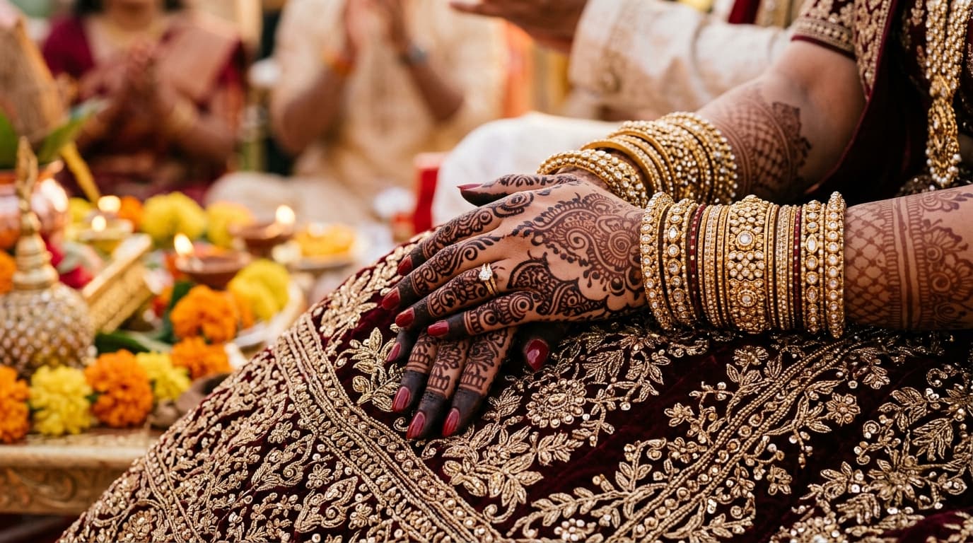 Mehndi ceremony henna designs on a South Asian bride's hands