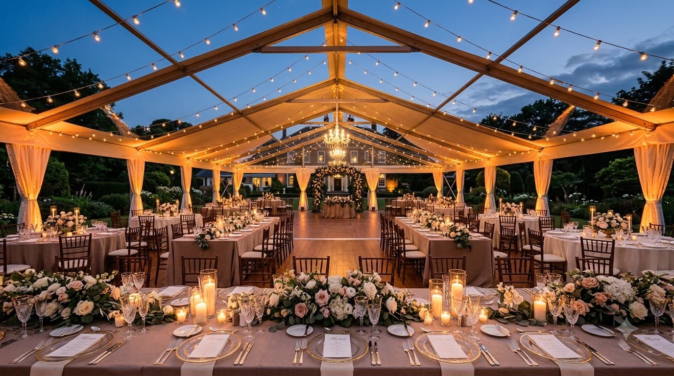 Wedding venue lighting ideas — string lights and warm uplighting glowing at an evening reception