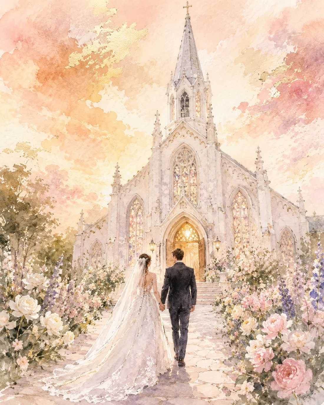 Couple walking toward church